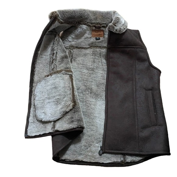 Womens Outback TRADING Brown Faux Tooled SUEDE Zip Vest Grey Faux Fur Lined XL - Picture 3 of 8